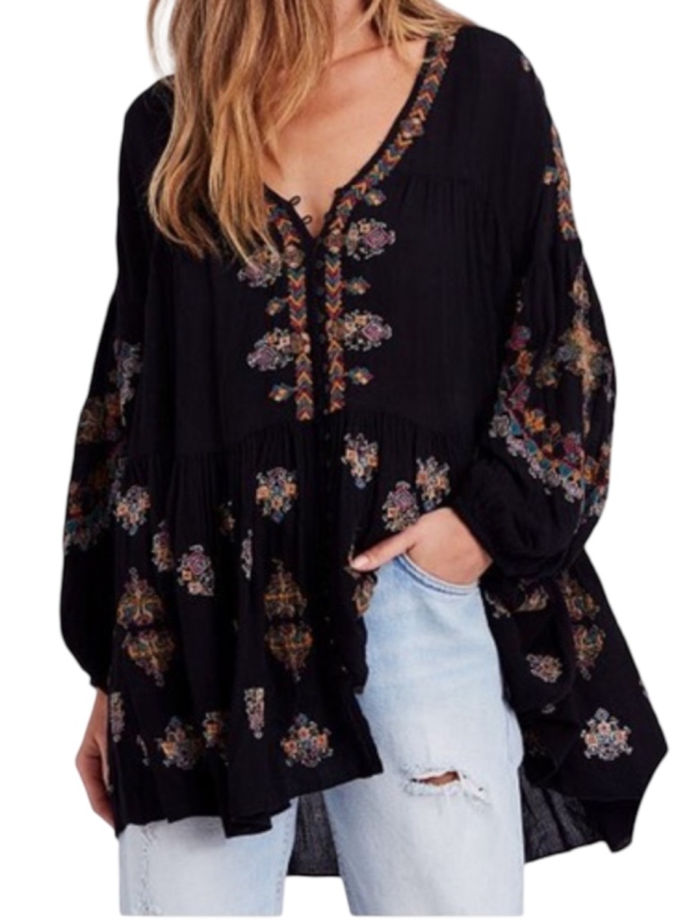 Free People Arianna Tunic embroidered blouse sleeves boho flowy top mini dress